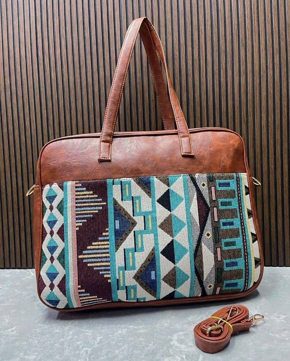 Blue Jacquard Luxe Laptop Bag with Brown Leatherite